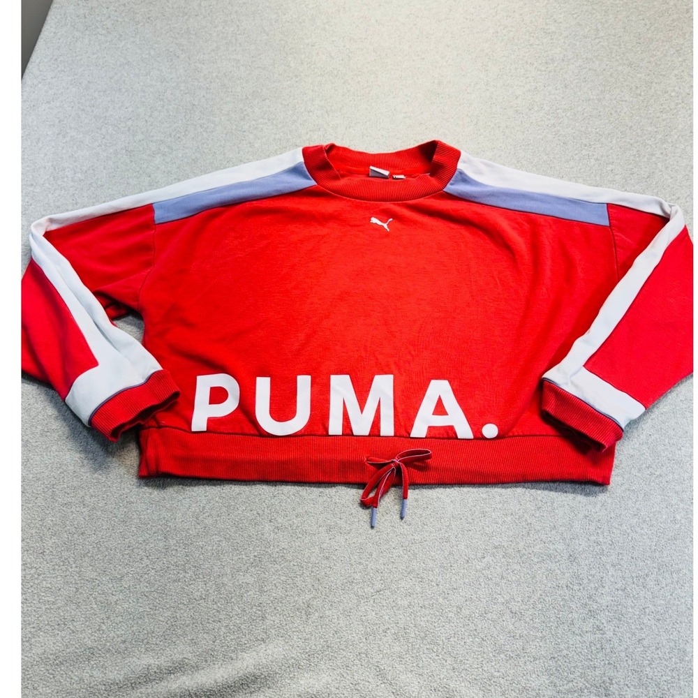 Puma Cropped Sweatshirt Womens Large Red Colorblock Logo Drawstring Hem Retro